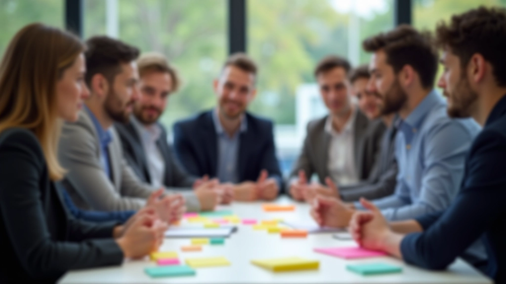 Trainingsgruppe arbeitet zusammen an verschiedenen Problemlösungsansätzen mit bunten Notizen