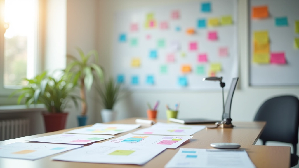 Arbeitsplatz mit verschiedenen Notizen und Ideen, die zeigen, wie flexibles Denken funktioniert