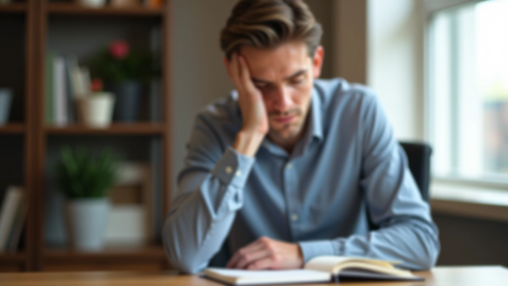 Person sitzt an einem Schreibtisch mit offenen Notizen und Reflexionsmaterialien, konzentrierter Gesichtsausdruck