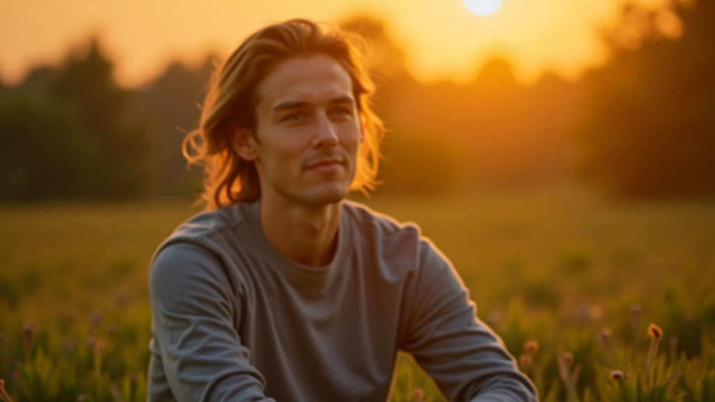 Mensch in ruhiger Umgebung sitzt bei Sonnenaufgang, innere Ruhe ausstrahlen