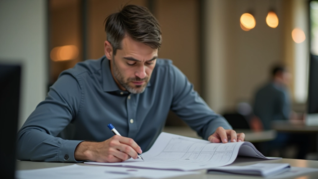 Person arbeitet an Szenario-Planung mit verschiedenen Zukünftsszenarien auf Papier