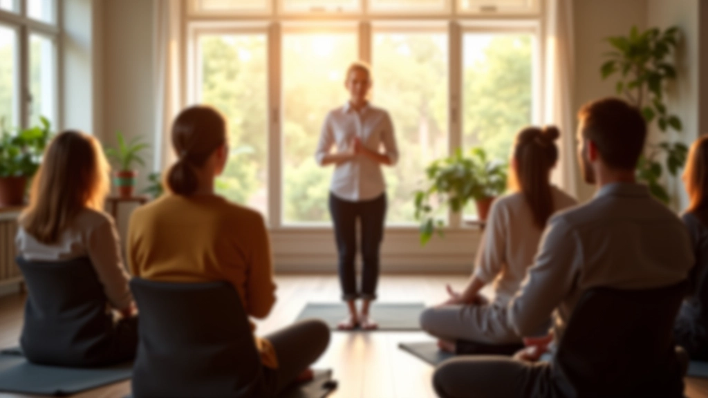 Trainerin leitet eine Gruppe durch Atemübungen für emotionale Stabilität, ruhige konzentrierte Atmosphäre in hellem Schulungsraum